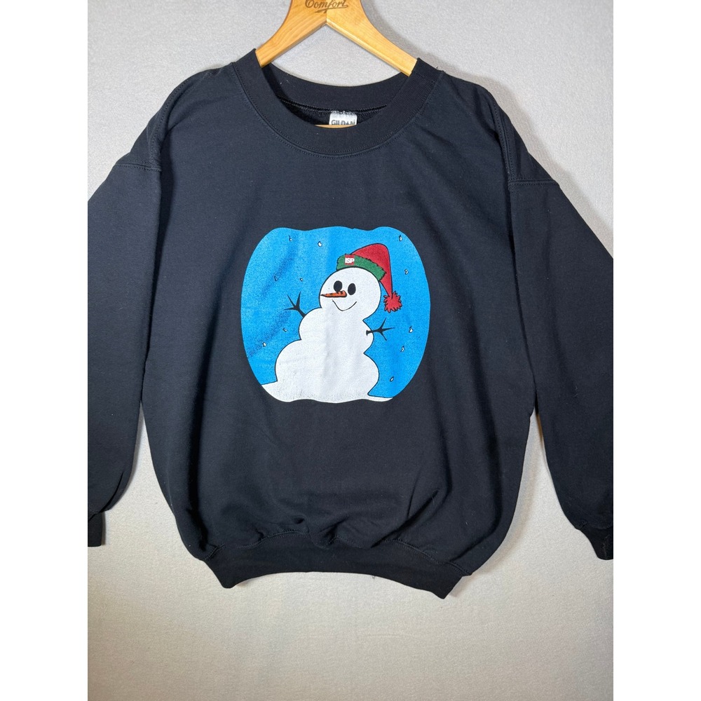 Vintage Snowman ISP Santa Hat Graphic Sweatshirt Black Large Holiday Gildan Xmas